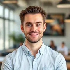 Foto ilustrativa de um homem de camisa azul-clara sorrindo, usada no case Operadora de Internet